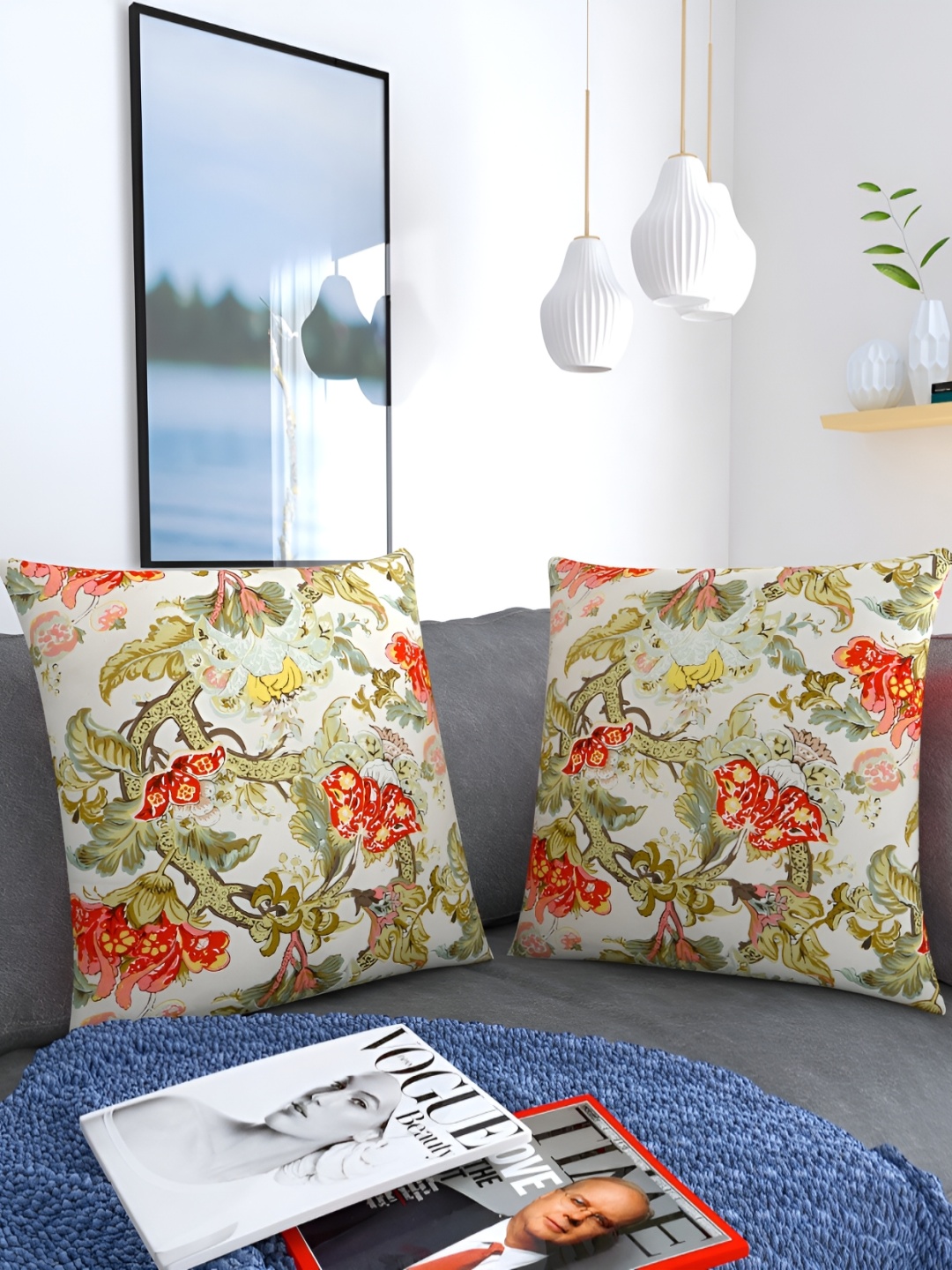 

MONKDECOR Off White & Red 2 Pieces Floral Square Cushion Covers
