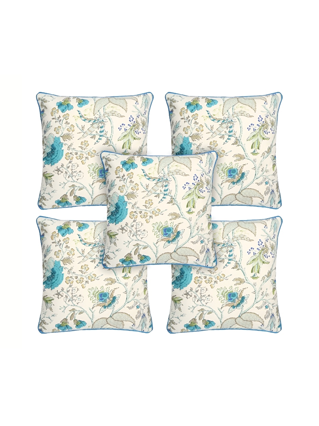 

MONKDECOR Off White & Blue 5 Pieces Floral Square Cushion Covers