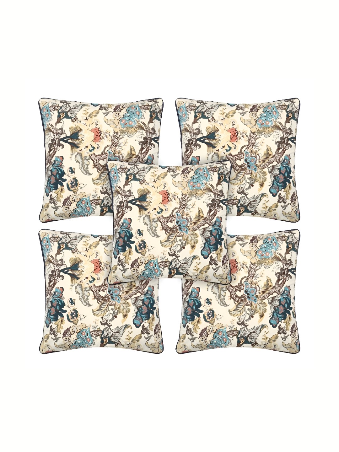 

MONKDECOR Off White & Blue 5 Pieces Floral Square Cushion Covers