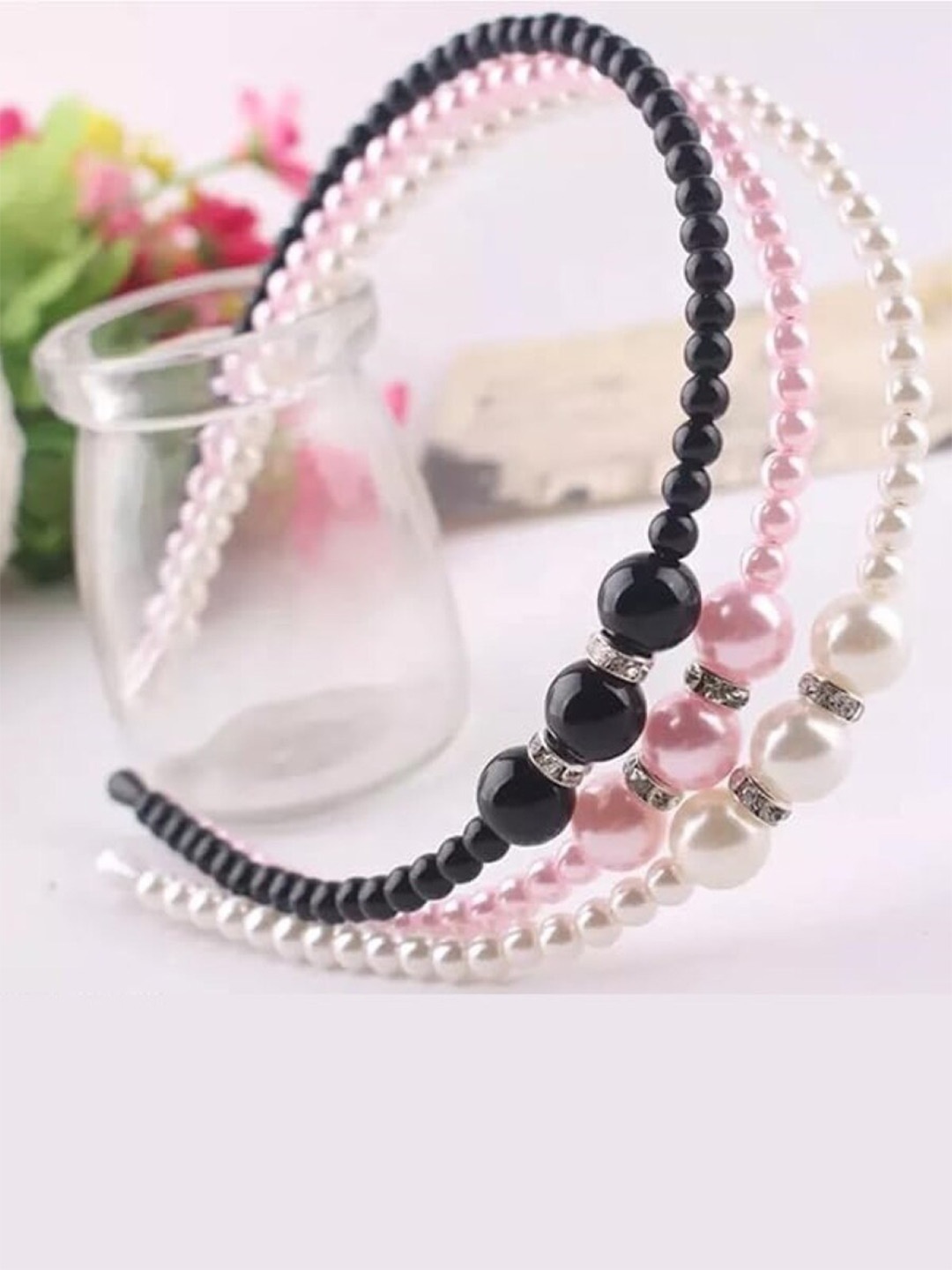 

EL REGALO Set of 3 Beaded Hairbands, Black