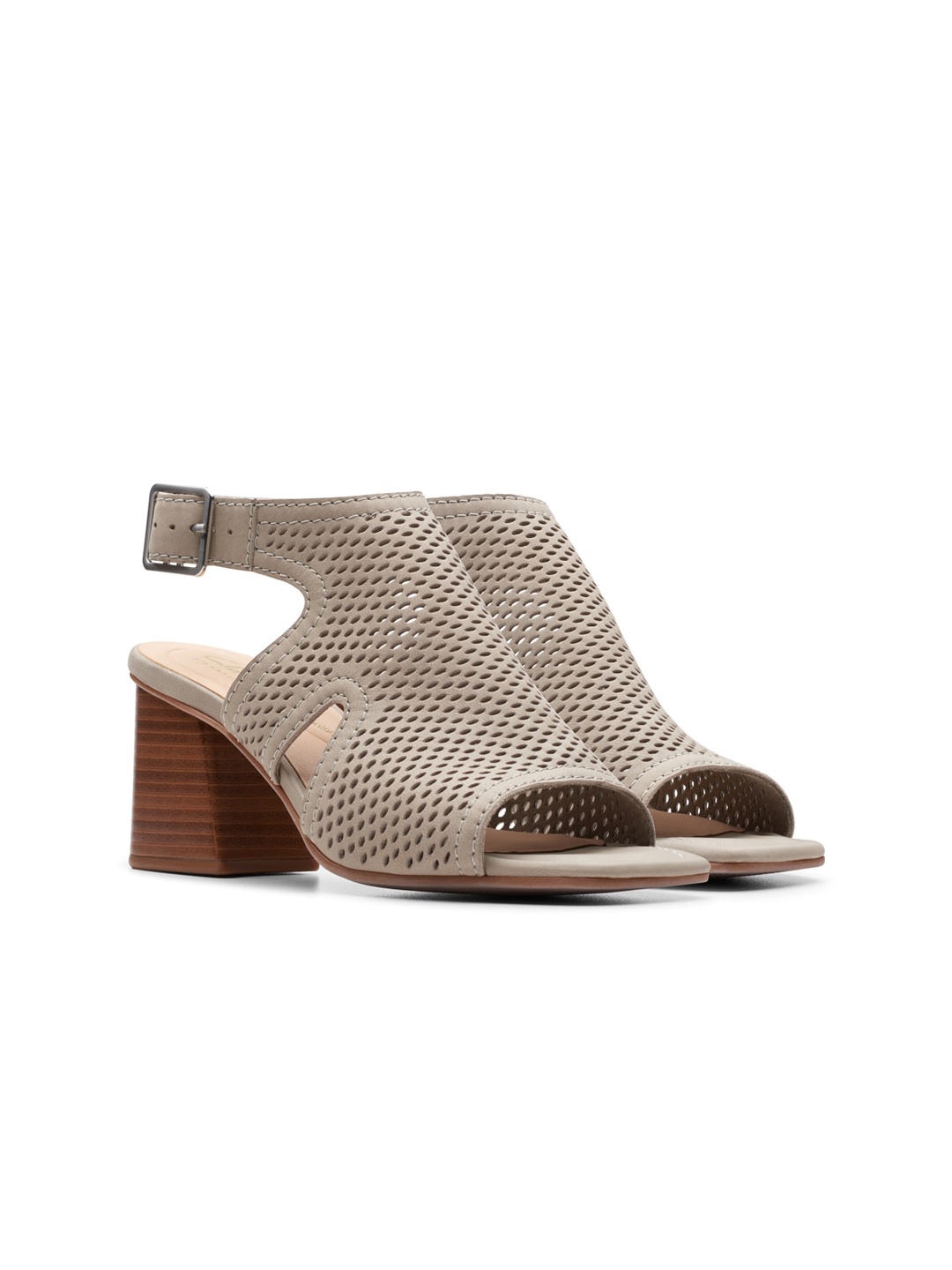 

Clarks Laser Cut Nubuck Block Heeled Mules, Grey