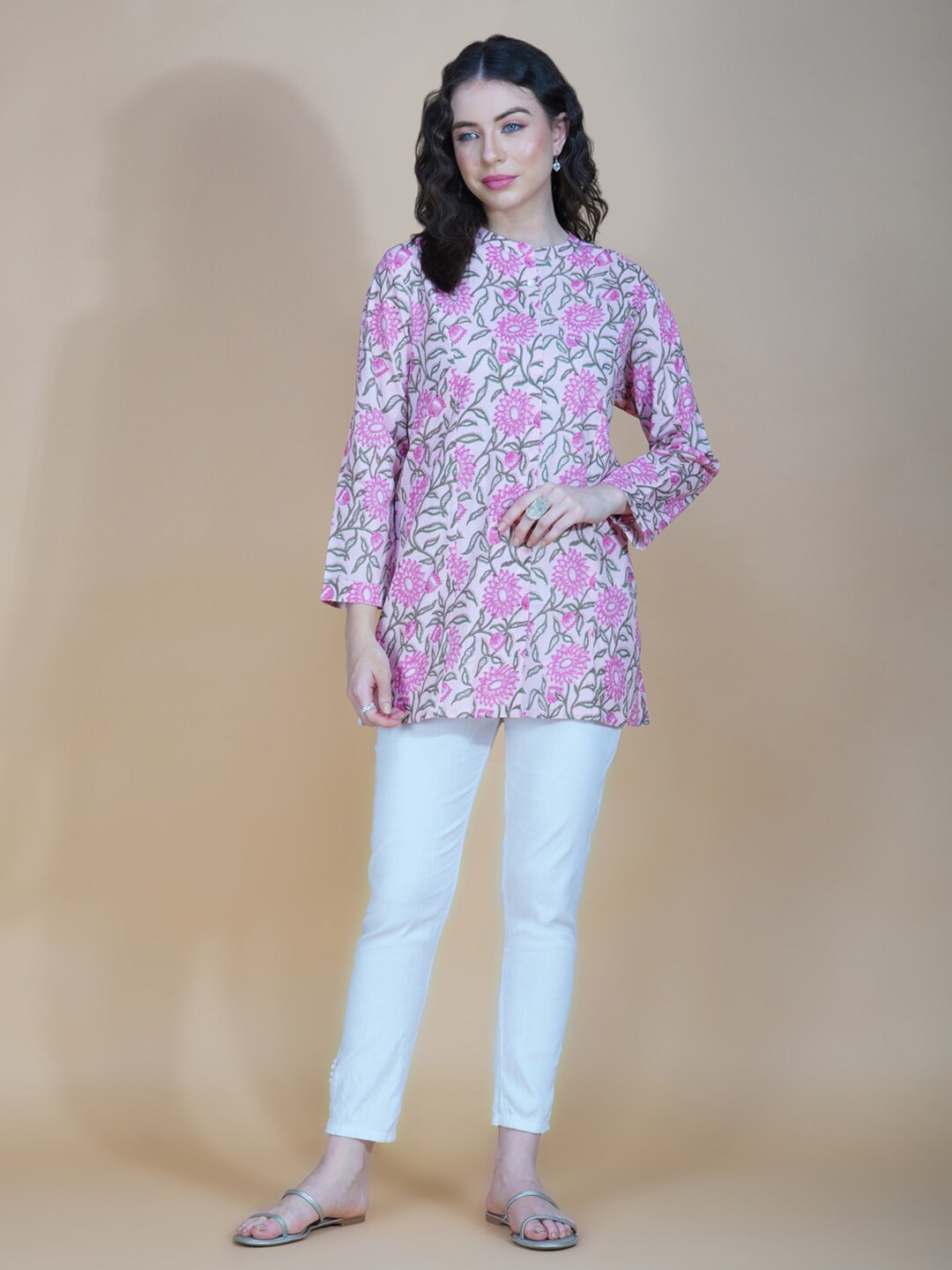 

HERE&NOW Mandarin Collar Classic Floral Printed Casual Pure Cotton Shirt, Pink