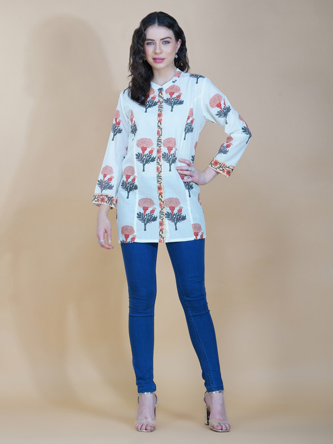 

HERE&NOW Mandarin Collar Classic Floral Printed Casual Pure Cotton Shirt, Off white