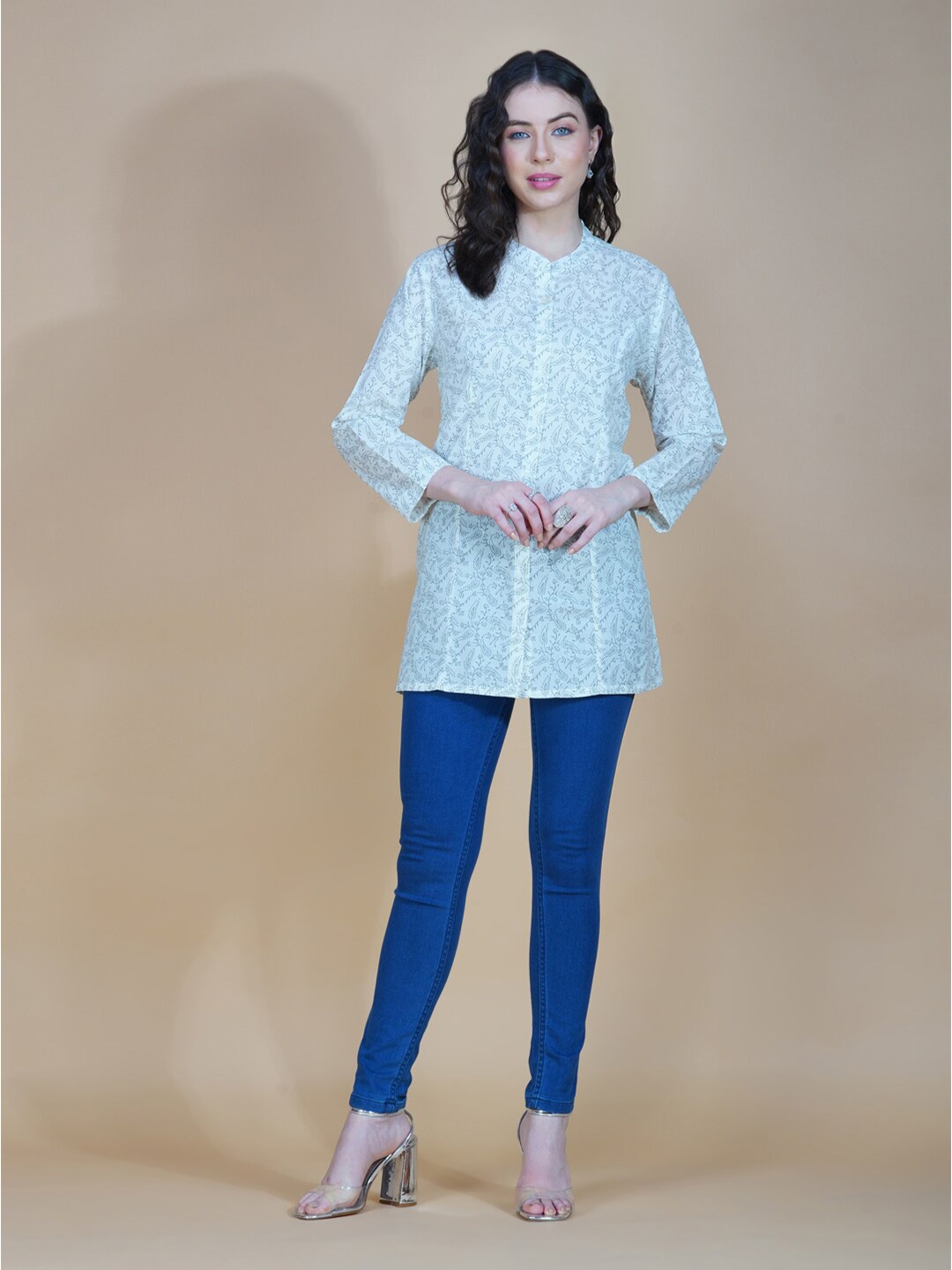 

HERE&NOW Classic Floral Printed Casual Cotton Shirt, White