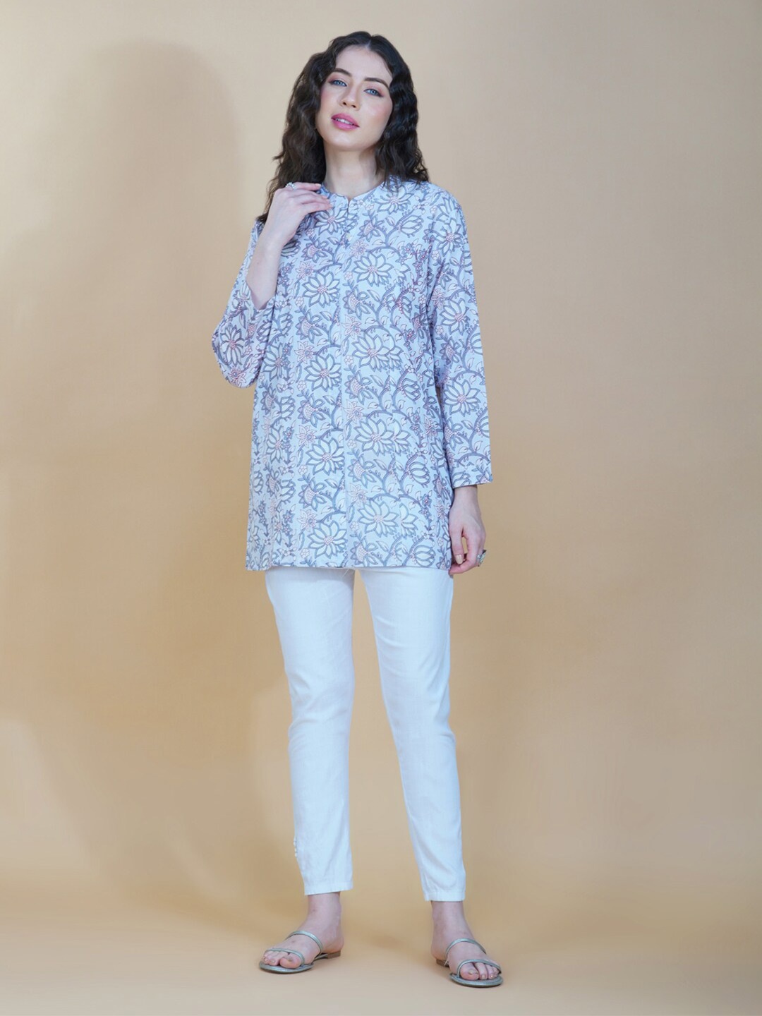 

HERE&NOW Classic Floral Printed Casual Cotton Shirt, Blue