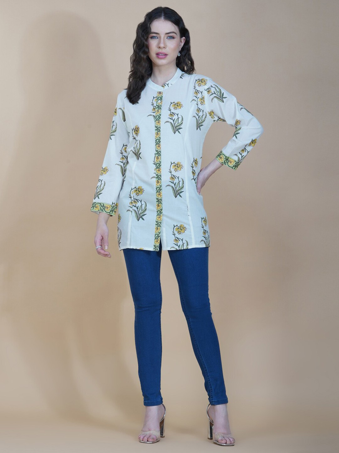 

HERE&NOW Classic Floral Printed Casual Cotton Shirt, Cream