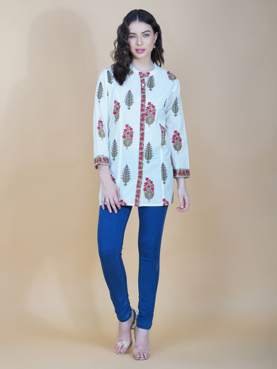 

HERE&NOW Classic Floral Printed Casual Cotton Shirt, Off white