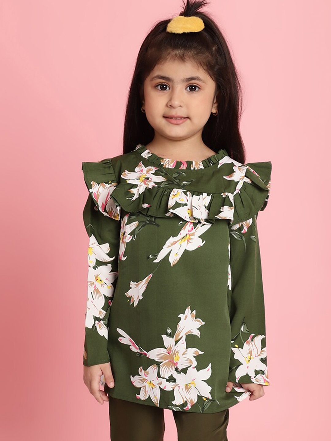 

MINI & MING Girls Floral Printed Round Neck Bell Sleeves Pleated A-Line Top, Olive