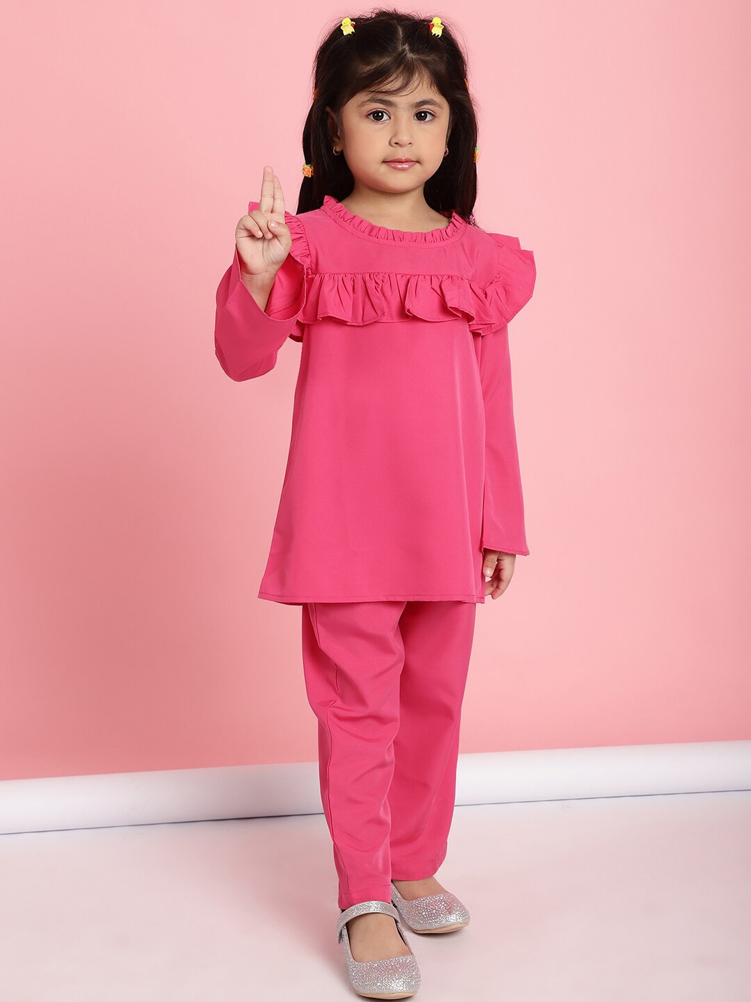 

MINI & MING Girls Round Neck Bell Sleeves Pleated A-Line Top, Pink