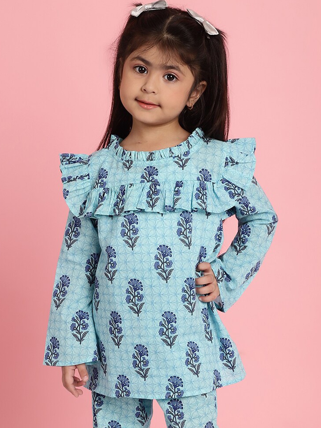 

MINI & MING Girls Floral Printed Round Neck Bell Sleeves Pleated A-Line Top, Blue