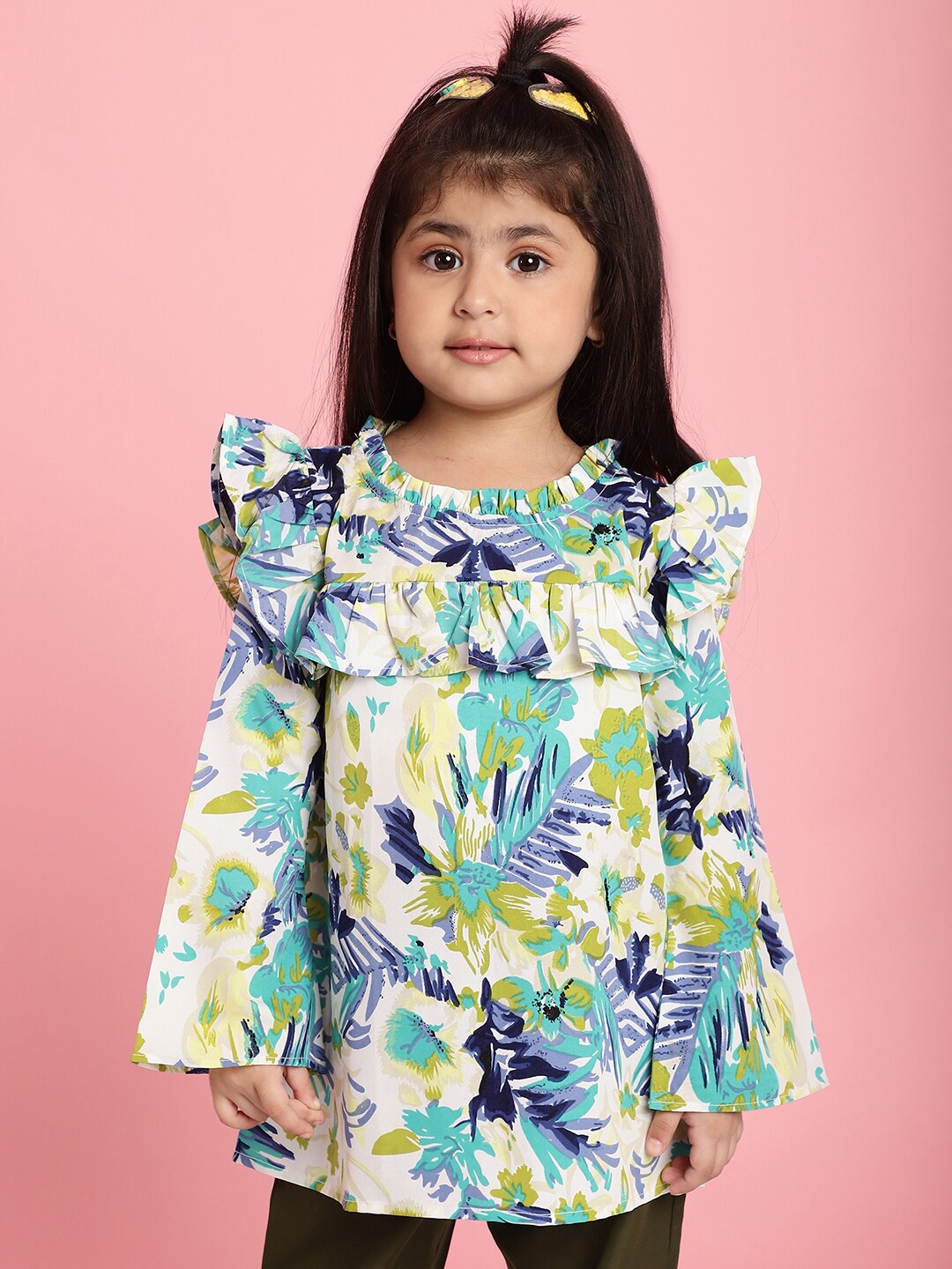 

MINI & MING Girls Floral Printed Round Neck Bell Sleeves Pleated A-Line Top, Blue