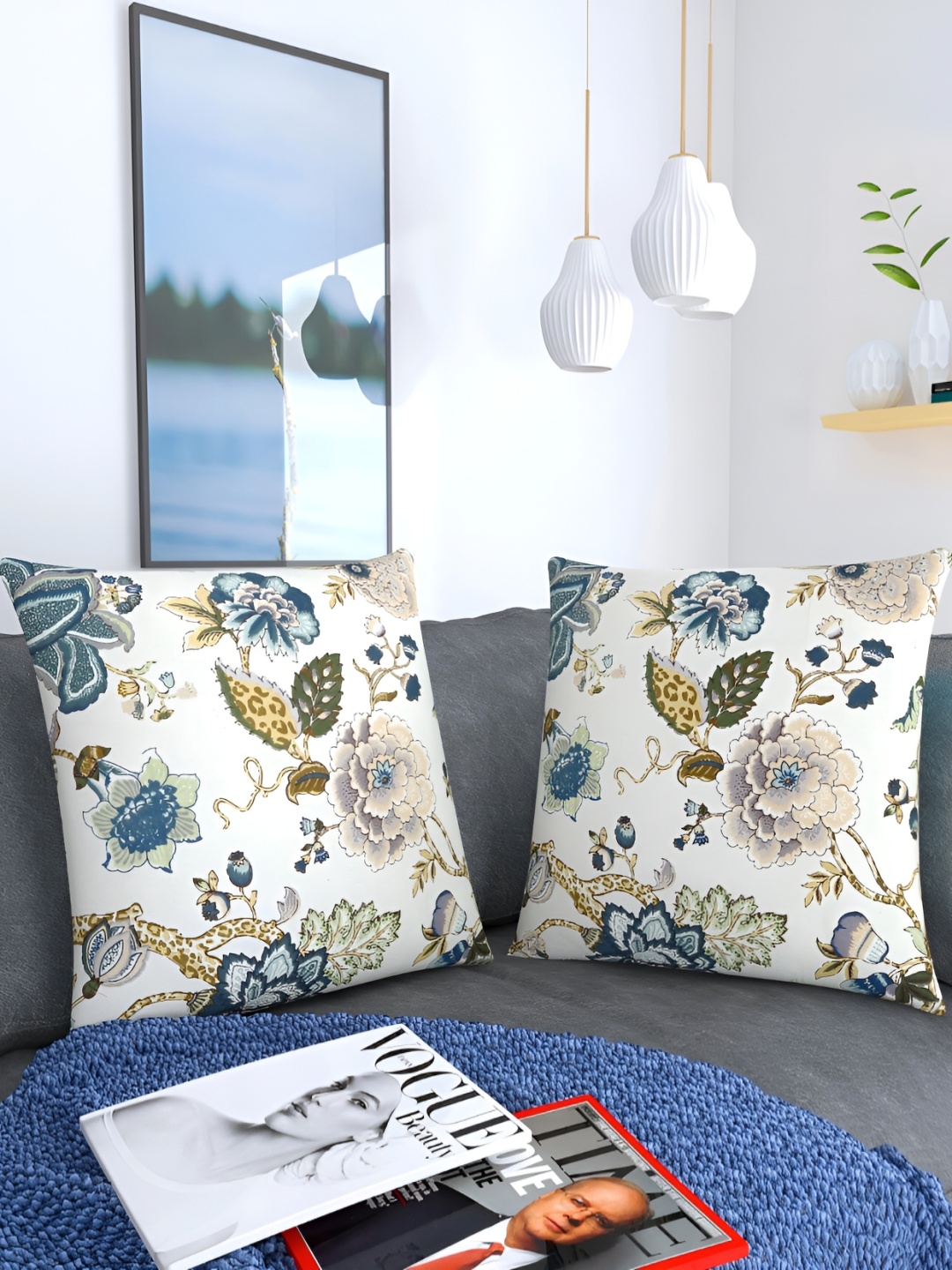 

TANLOOMS Cream& Navy Blue 2Pcs Floral Cotton Square Cushion Covers