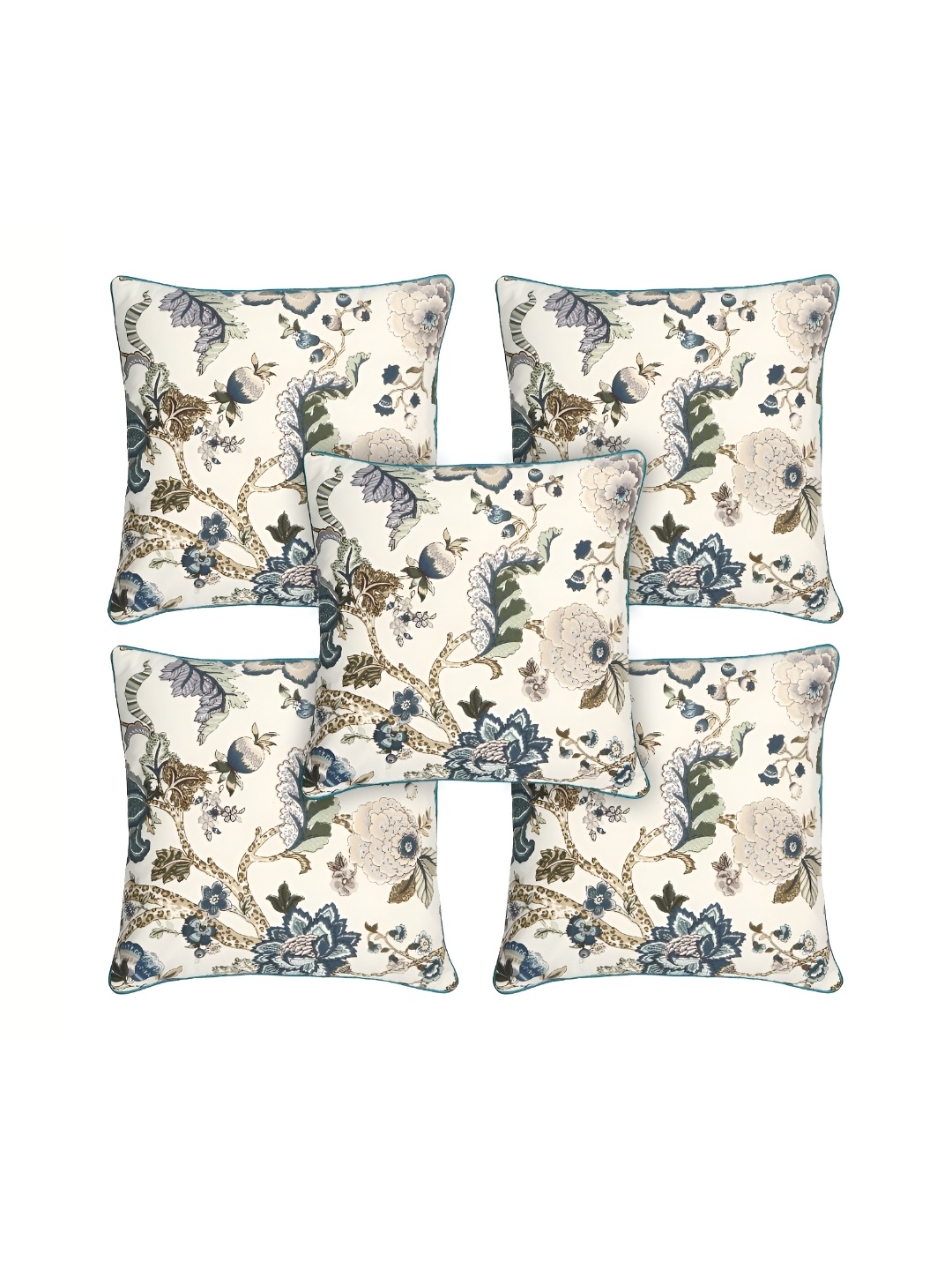 

TANLOOMS White & Grey 5Pcs Floral Cotton Square Cushion Covers