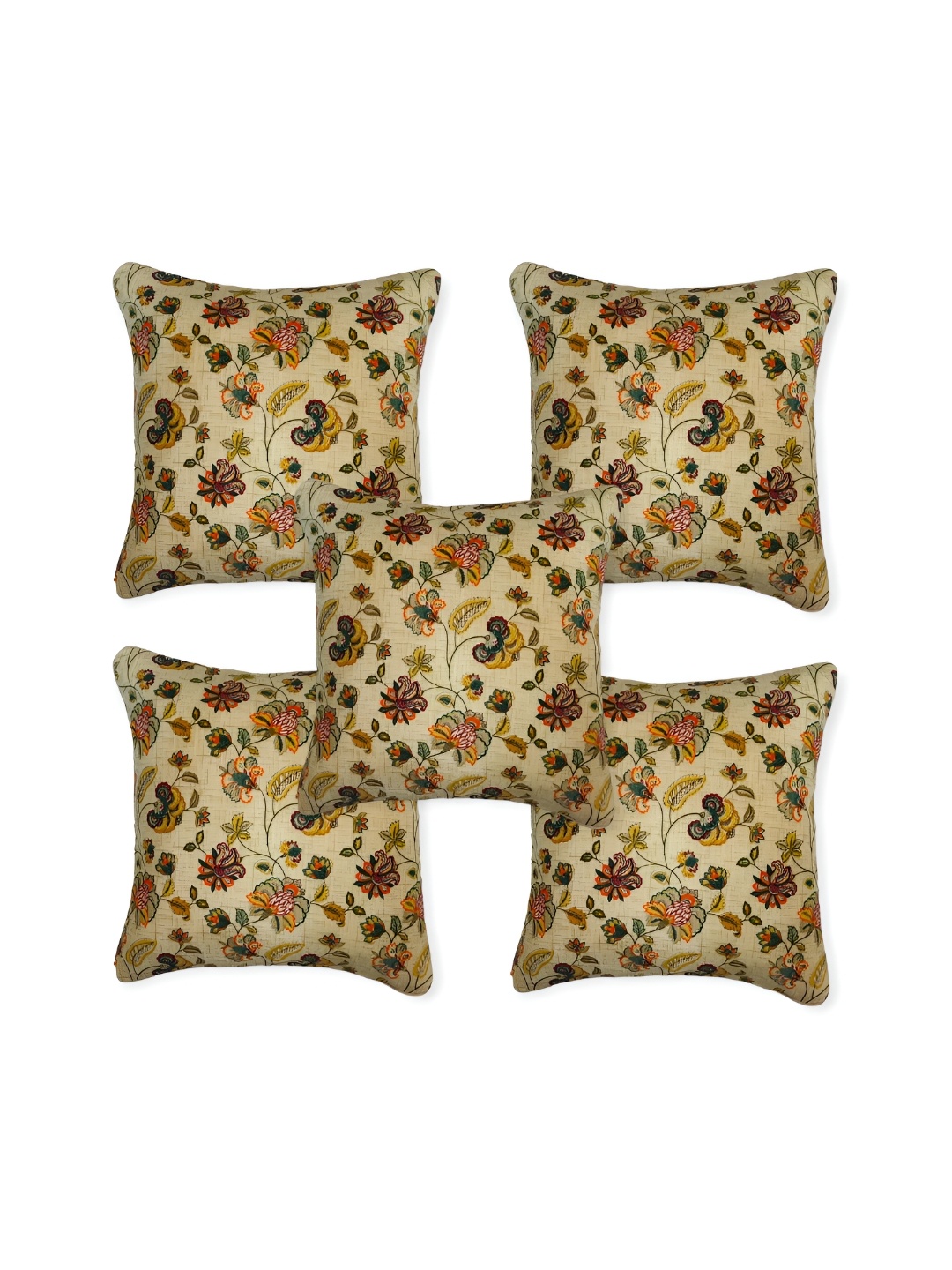 

TANLOOMS Beige & Yellow 5Pcs Floral Cotton Square Cushion Covers