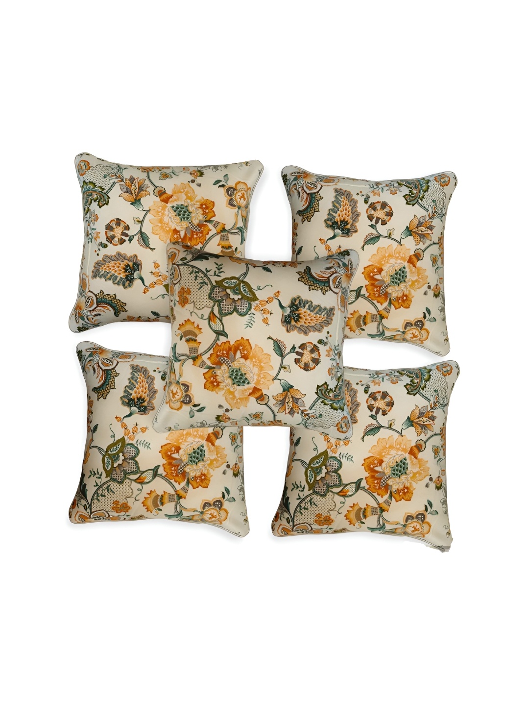 TANLOOMS Cream & Yellow 5Pcs Floral Cotton Square Cushion Covers