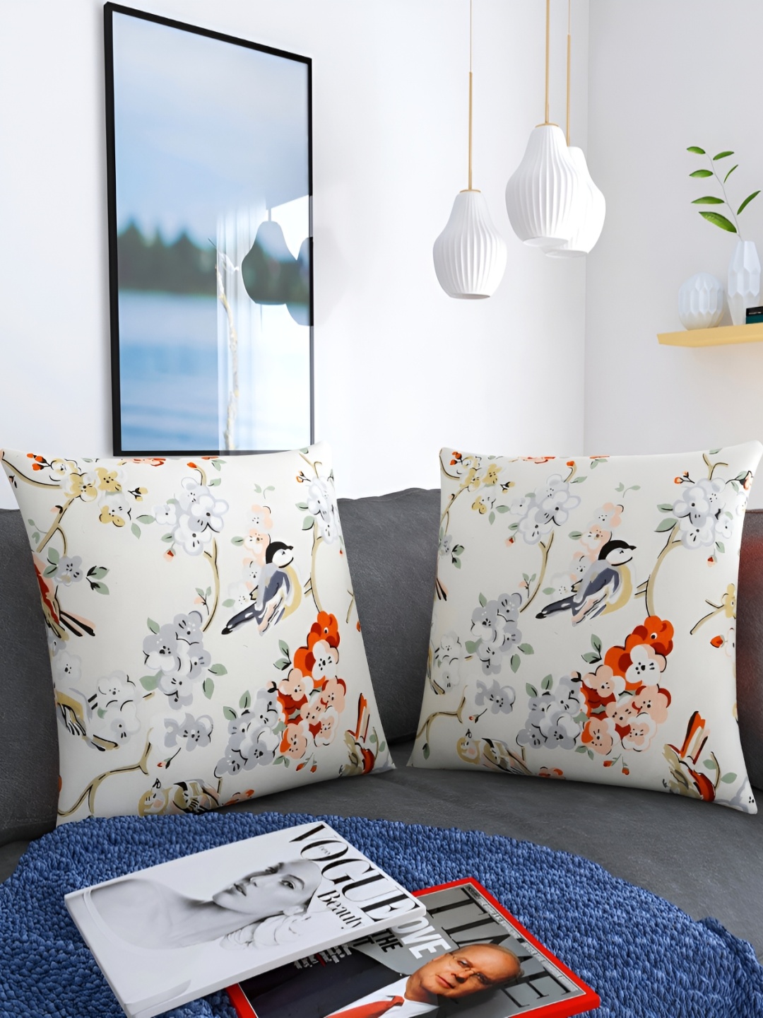 

TANLOOMS White & Orange 2Pcs Floral Cotton Square Cushion Covers
