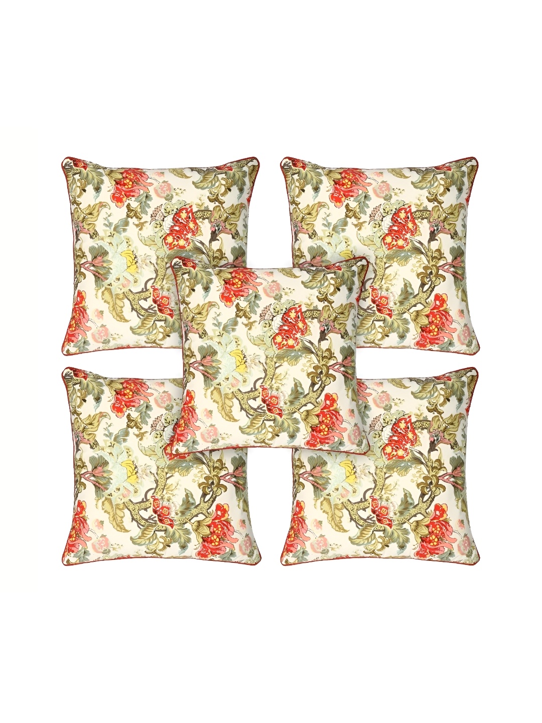 

TANLOOMS White & Green 5Pcs Floral Cotton Square Cushion Covers