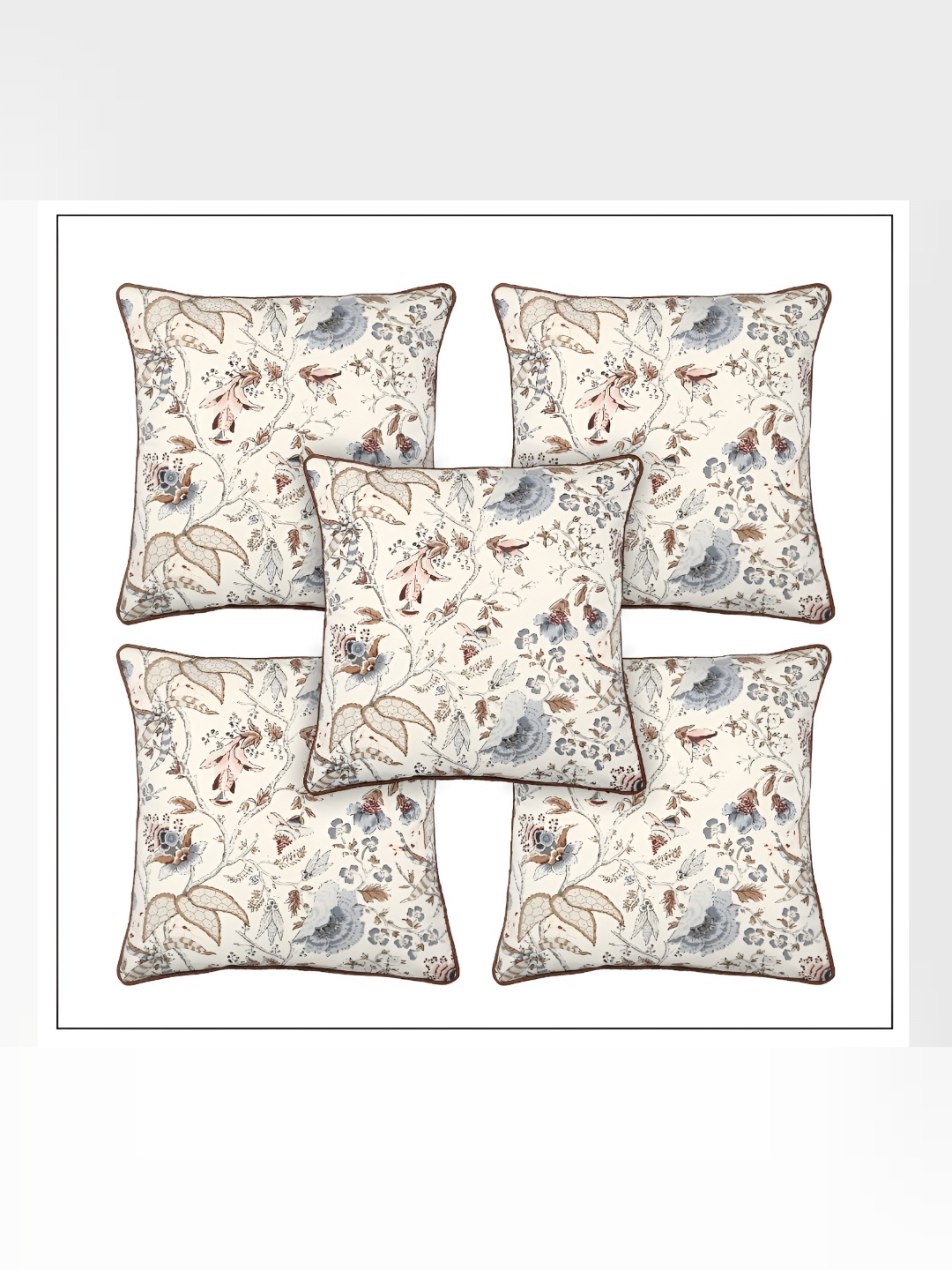 TANLOOMS White & Grey 5Pcs Floral Cotton Square Cushion Covers