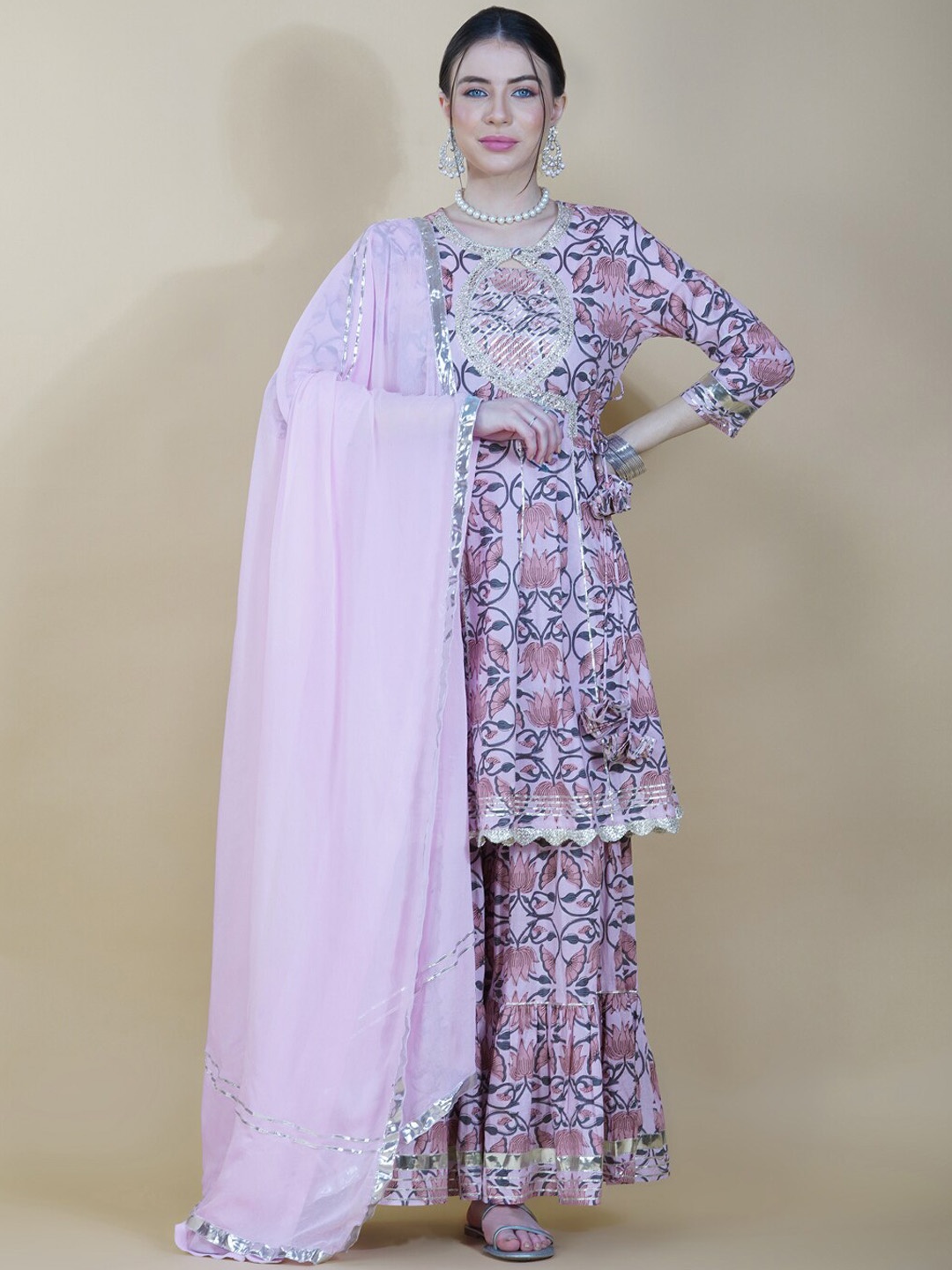 

HERE&NOW Floral Printed Gotta Patti Pure Cotton Anarkali Kurti & Sharara & Dupatta, Pink