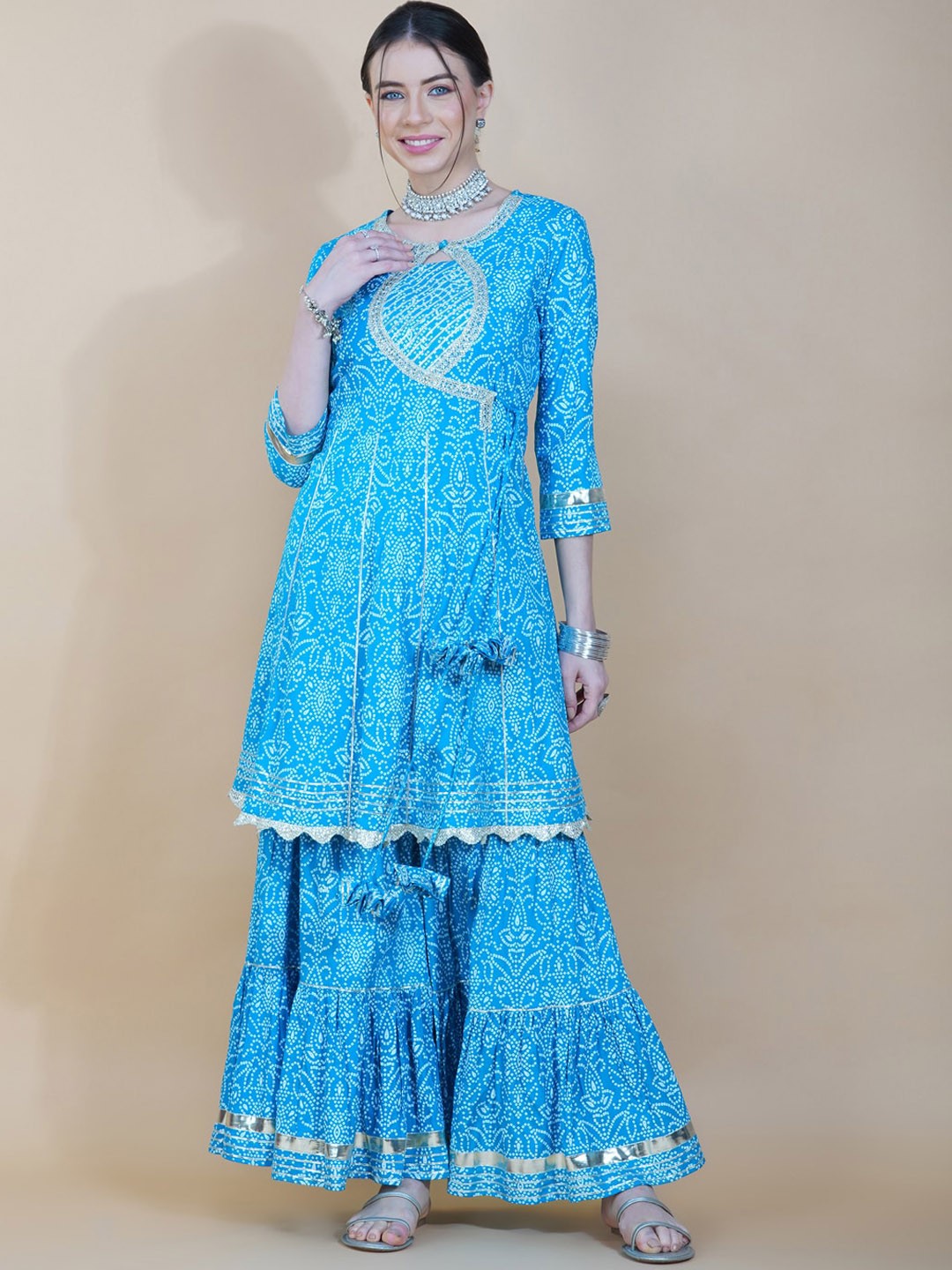 

HERE&NOW Bandhani Printed Angrakha Gotta Patti Pure Cotton Kurti with Sharara & Dupatta, Blue