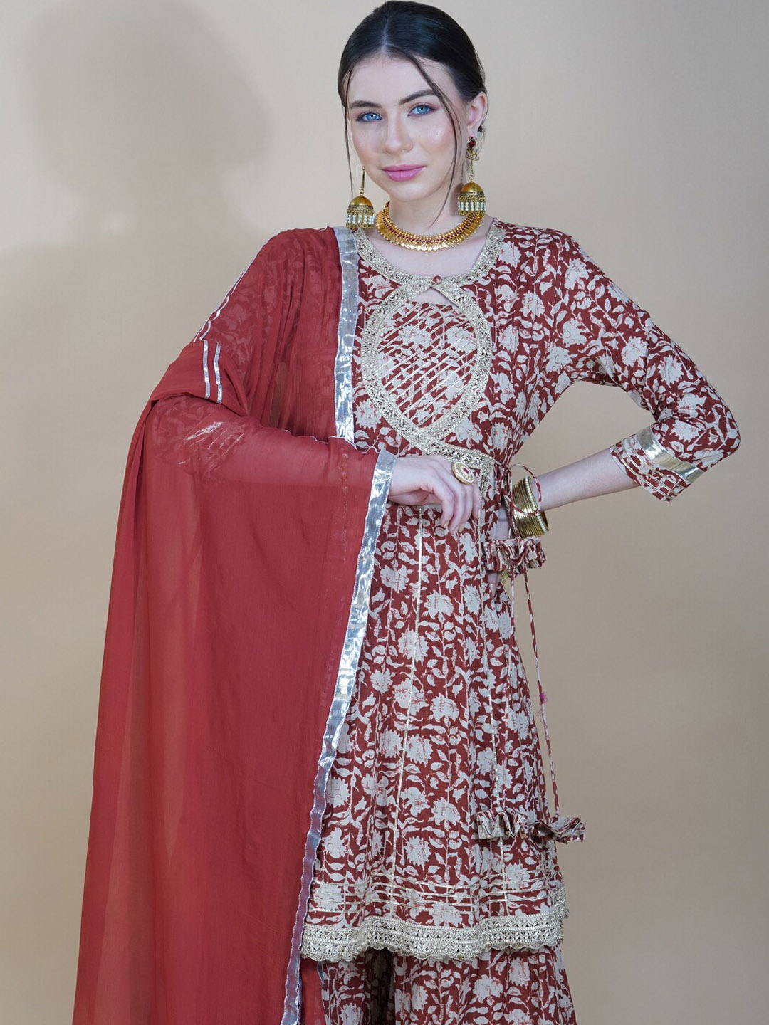 

HERE&NOW Floral Printed Angrakha Gotta Patti Pure Cotton Kurti With Sharara & Dupatta, Maroon