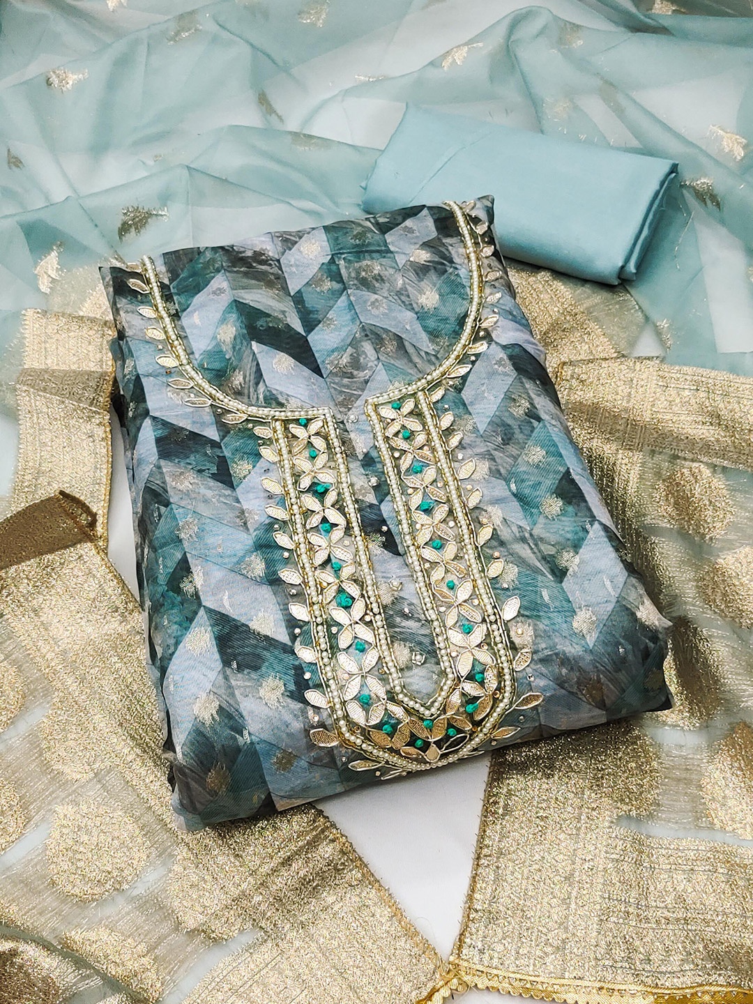 

KALINI Woven Design Organza Unstitched Dress Material, Teal