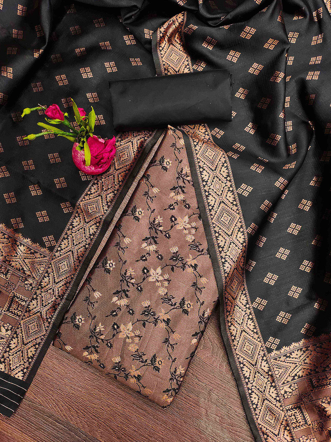 

KALINI Ethnic Motifs Woven Design Unstitched Dress Material, Black