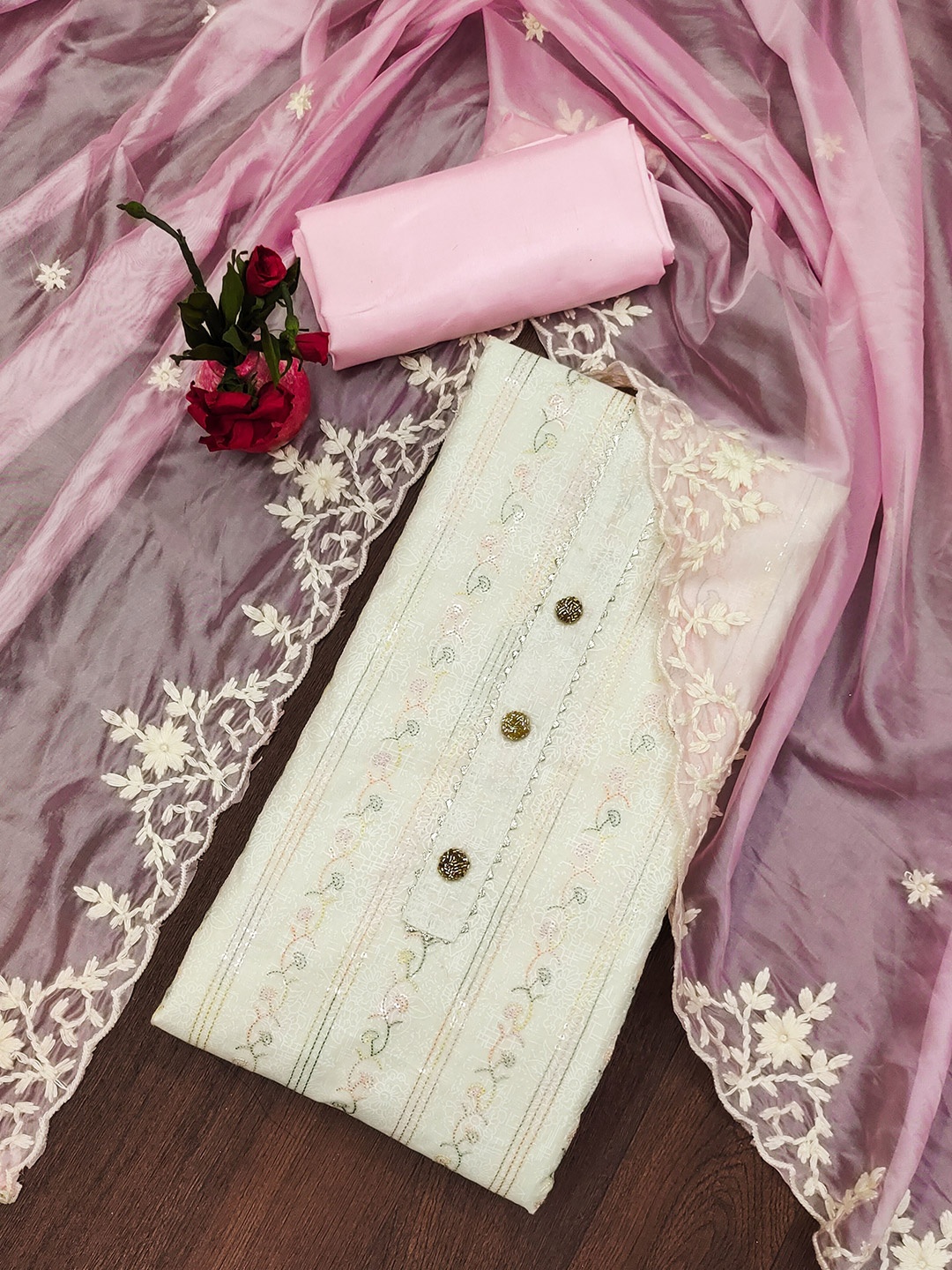 

KALINI Graceful Floral Embroidered Unstitched Dress Material, Off white