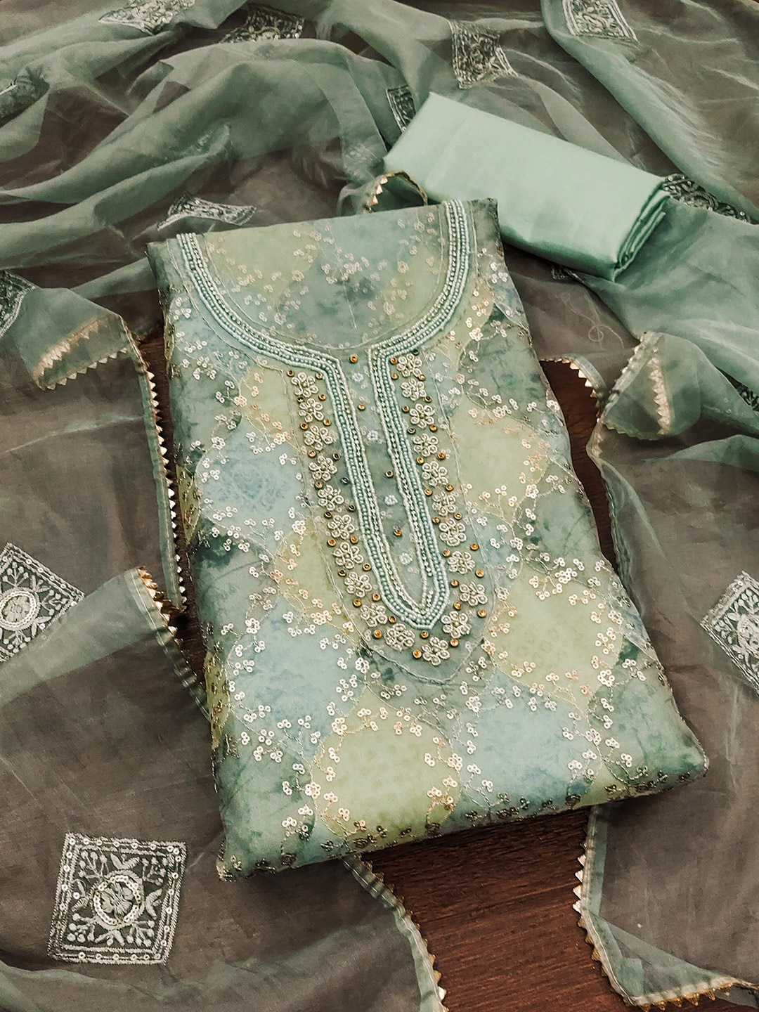 

KALINI Embelished Sequinned Unstitched Dress Material, Green