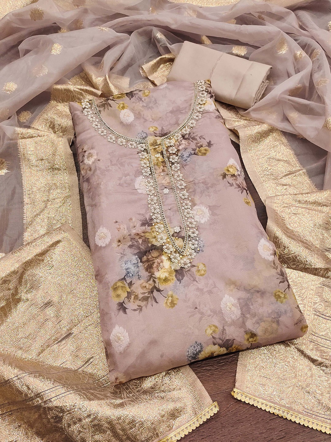 

KALINI Embellished Organza Unstitched Dress Material, Rose gold