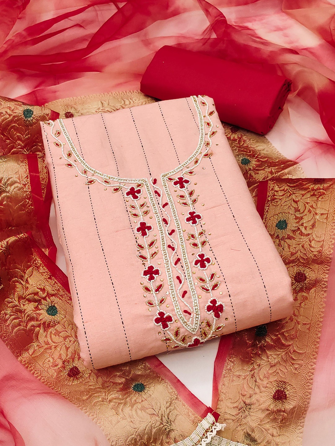

KALINI Embelished Beads and Stones Unstitched Dress Material, Peach