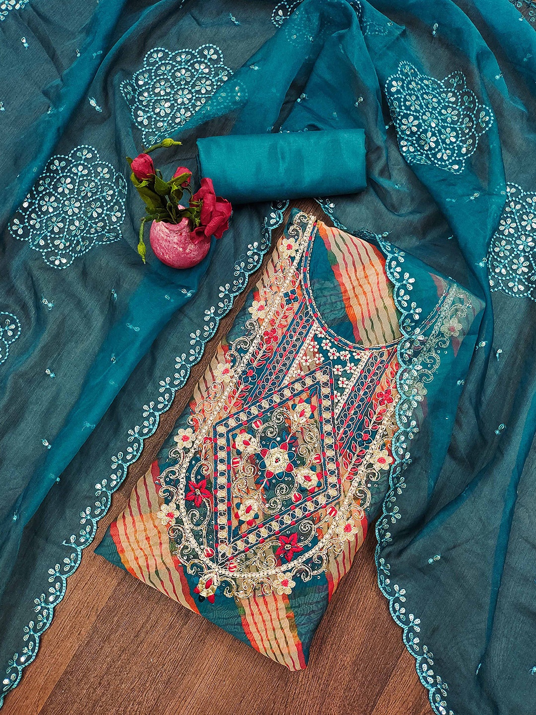 

KALINI Geometric Printed Zardozi Organza Unstitched Dress Material, Teal