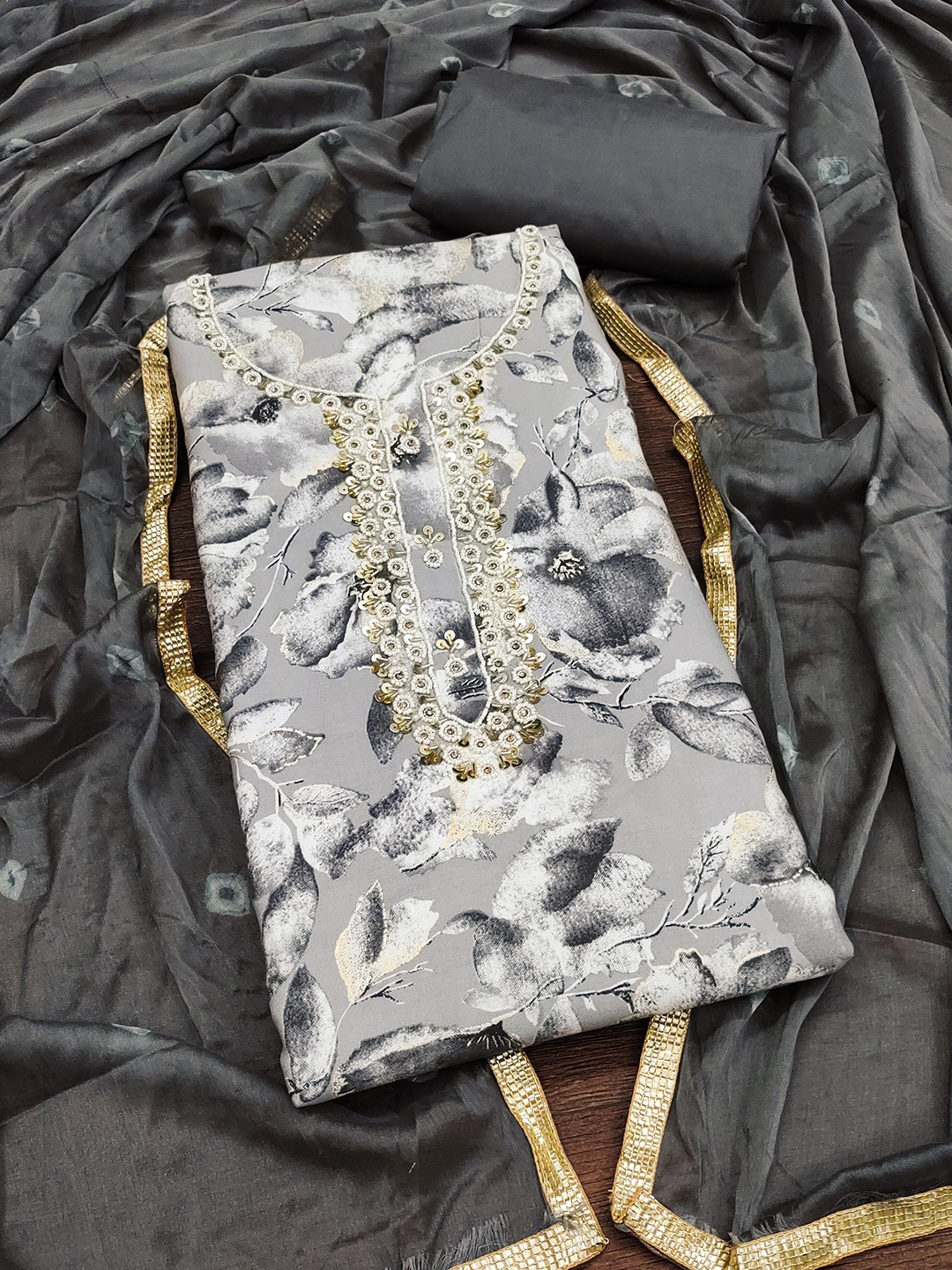 

KALINI Floral Embellished Unstitched Dress Material, Grey