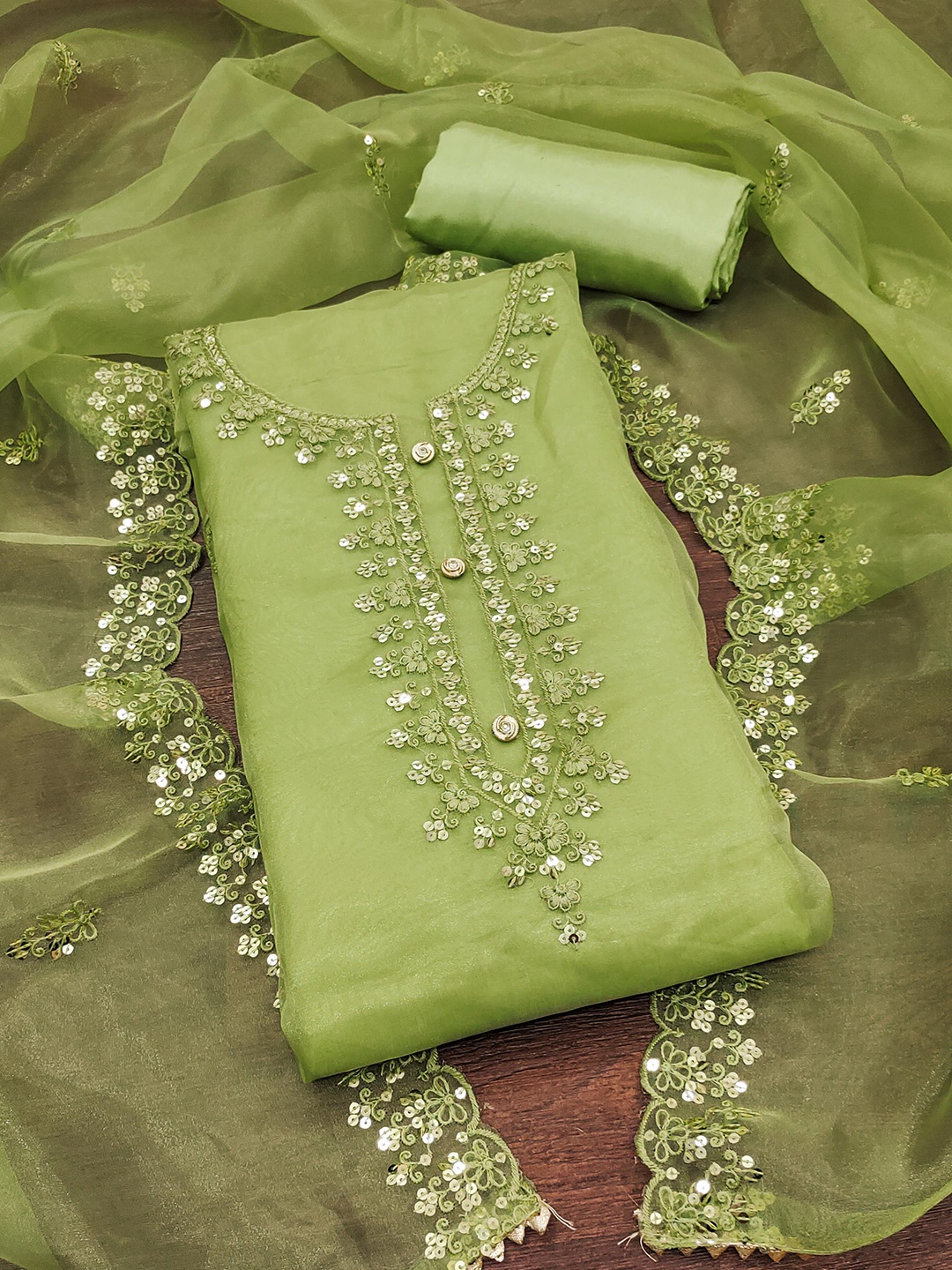 

KALINI Embroidered Organza Unstitched Dress Material, Green
