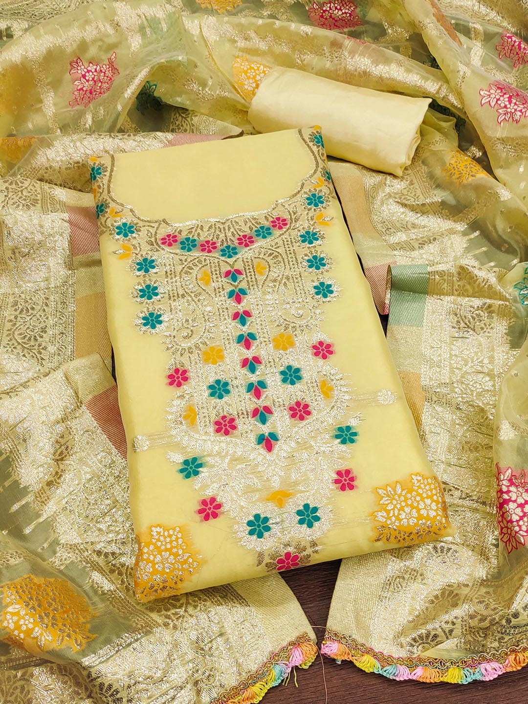 

KALINI Ethnic Motifs Woven Designed Organza Unstitched Dress Material, Yellow