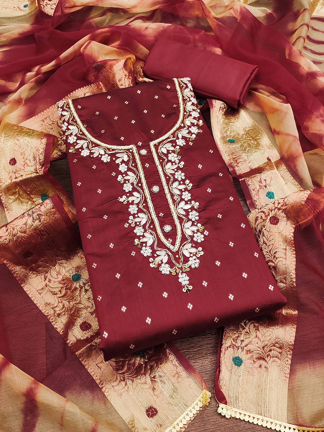 

KALINI Ethnic Motifs Woven Design Unstitched Dress Material, Maroon