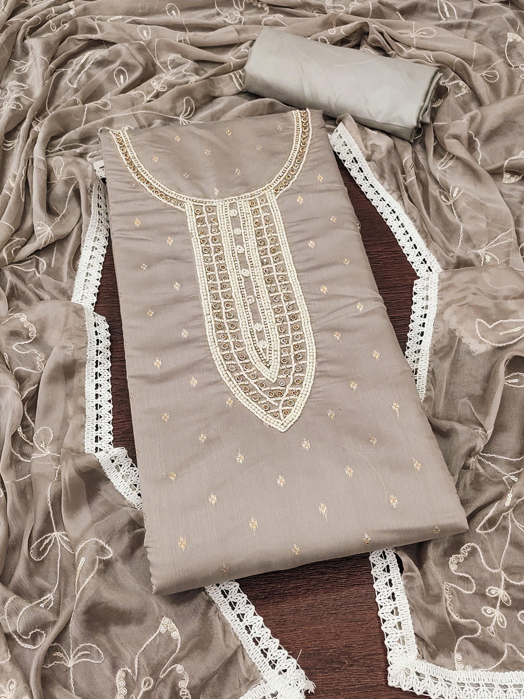 

KALINI Ethnic Motifs Woven Design Beads and Stones Unstitched Dress Material, Grey