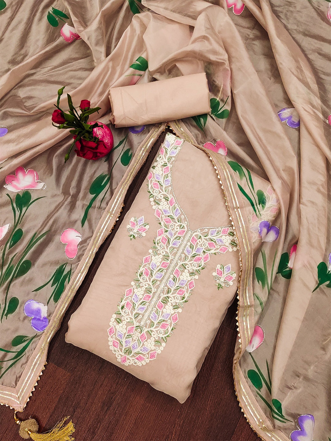 

KALINI Floral Embroidered Unstitched Dress Material, Peach