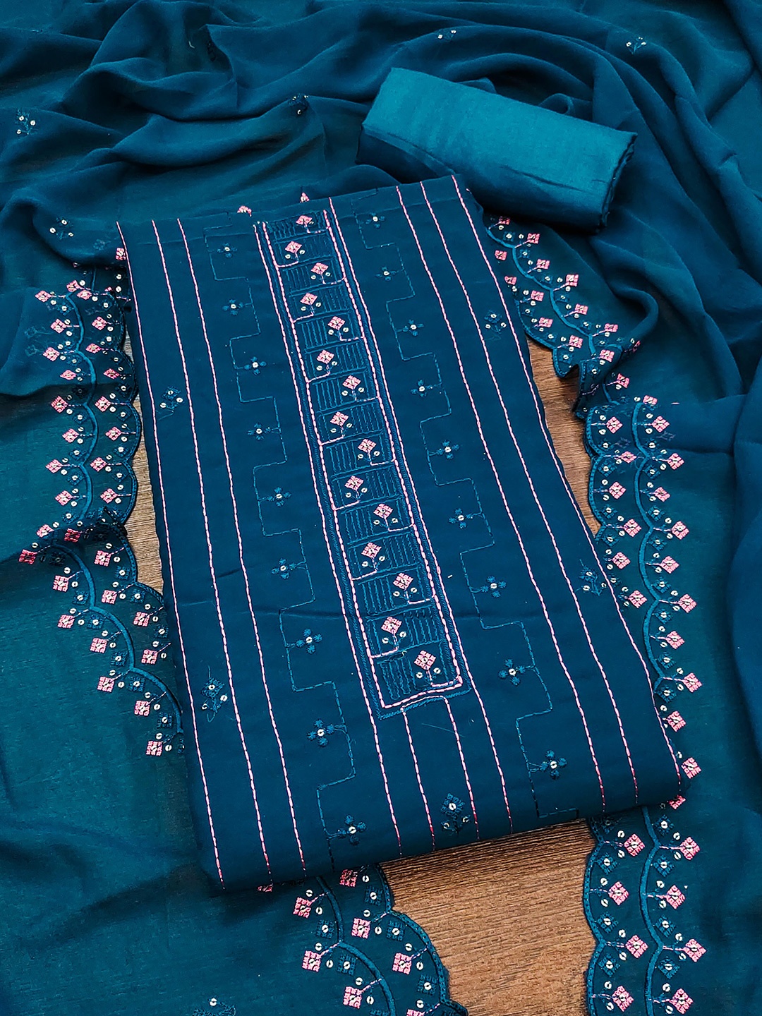 

KALINI Geometric Embroidered Sequinned Unstitched Dress Material, Teal