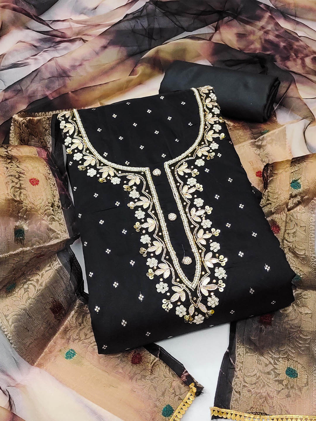 

KALINI Ethnic Motifs Woven Design Beads and Stones Unstitched Dress Material, Black