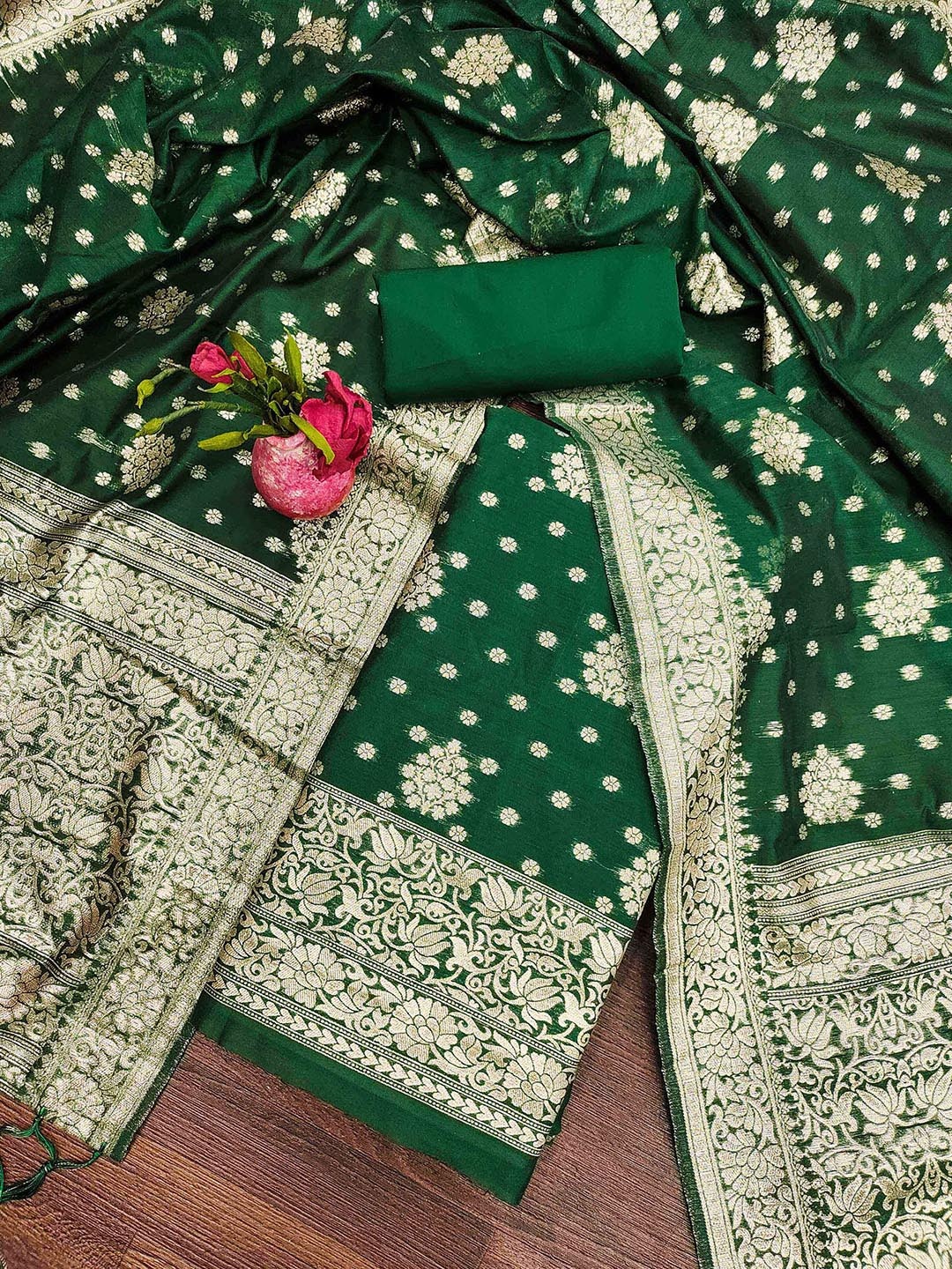 

KALINI Ethnic Motif Woven Design Zari Unstitched Dress Material, Green