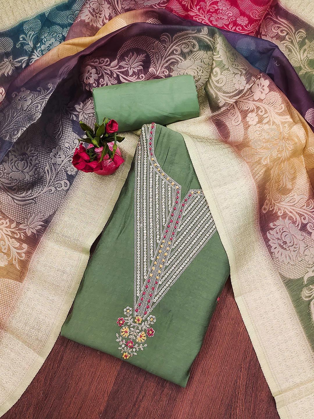 

KALINI Ethnic Motifs Embroidered Unstitched Dress Material, Green