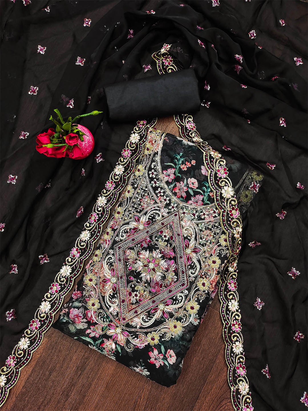 

KALINI Floral Printed Beads and Stones Unstitched Dress Material, Black