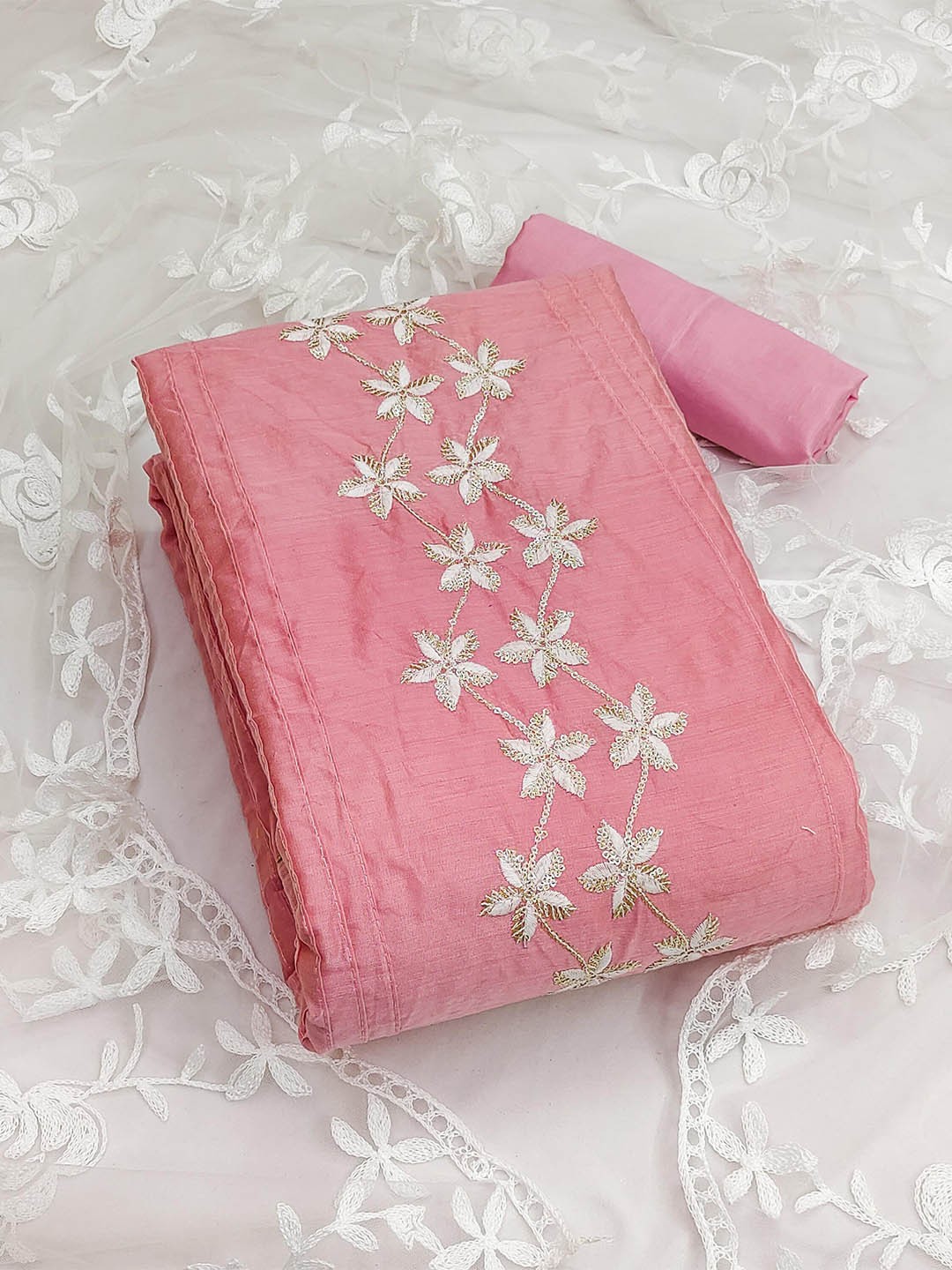 

KALINI Floral Embroidered Unstitched Dress Material, Pink