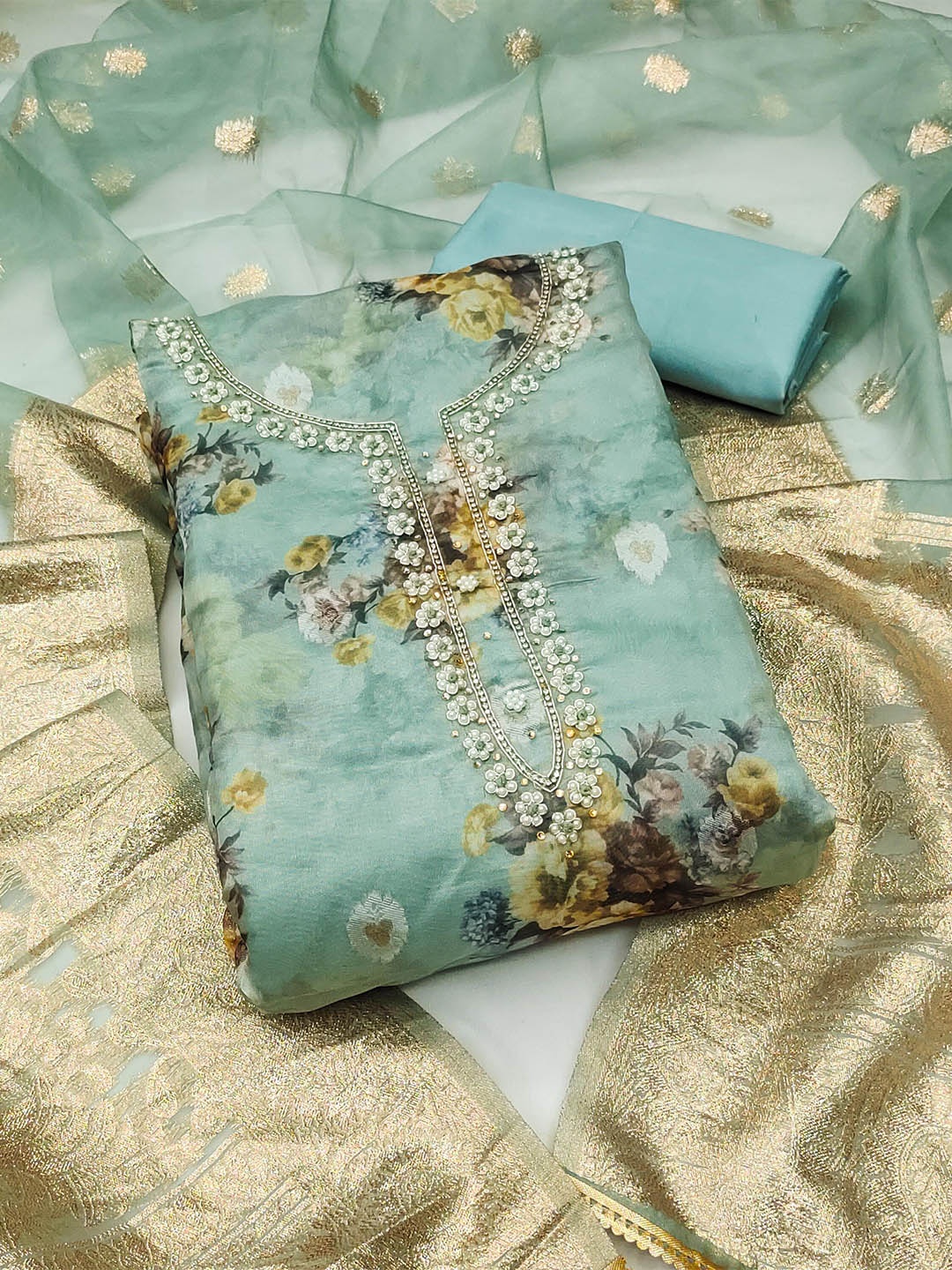 

KALINI Floral Printed Beads and Stones Organza Unstitched Dress Material, Teal