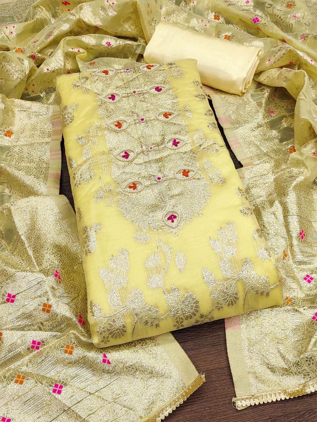 

KALINI Ethnic Motifs Woven Design Beads and Stones Unstitched Dress Material, Yellow