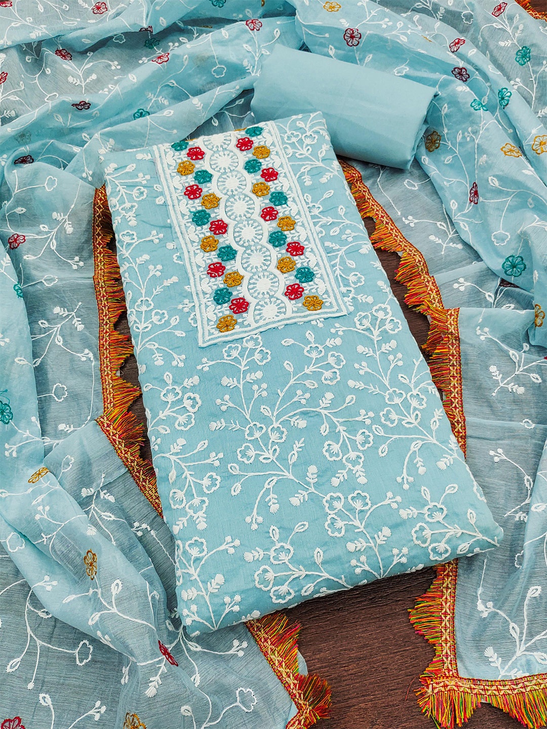 

KALINI Floral Embroidered Unstitched Dress Material, Blue