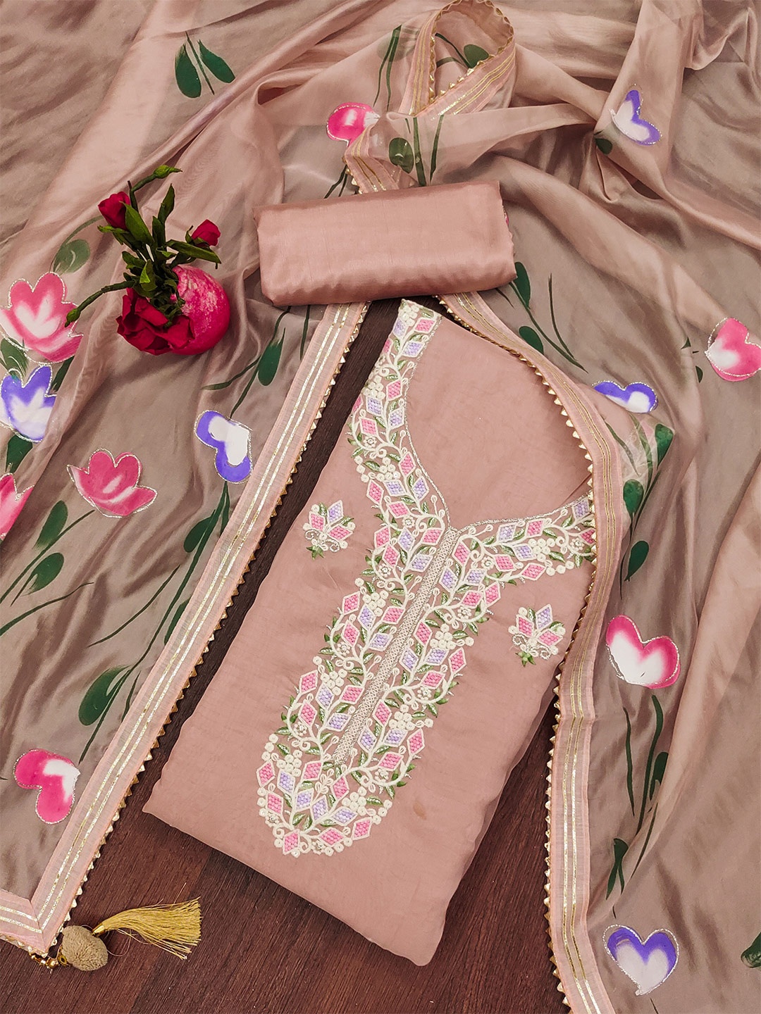 

KALINI Embellished Beads and Stones Unstitched Dress Material, Pink