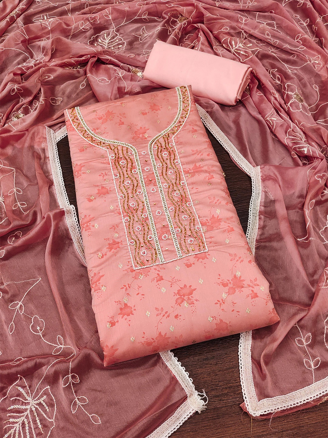 

KALINI Floral Printed Beads and Stones Unstitched Dress Material, Peach
