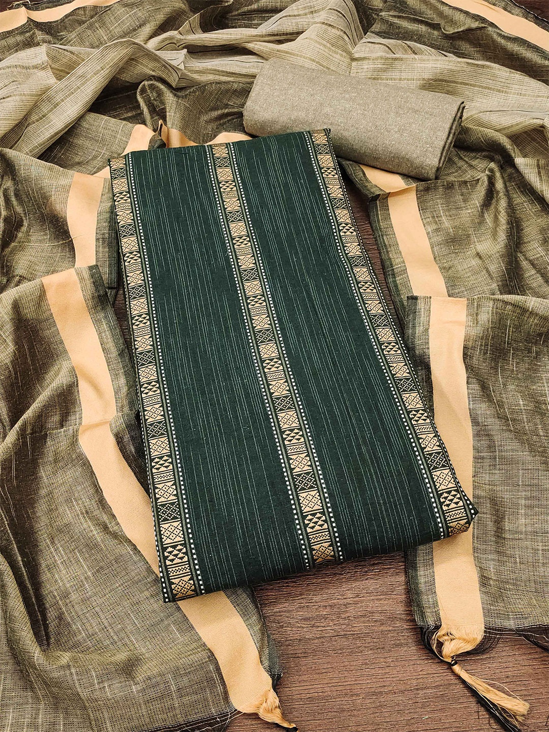 

KALINI Ethnic Motif Woven Design Unstitched Dress Material, Green